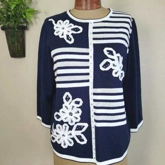 Alfred Dunner Sweaters - Alfred Dunner Stripe Floral Ribbon Rhinestone Montego Bay Knit Navy Sweater LP